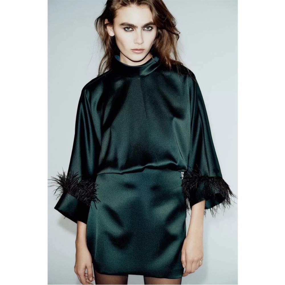 Zara Satin Emerald Green Feather Cuff Mini Dress